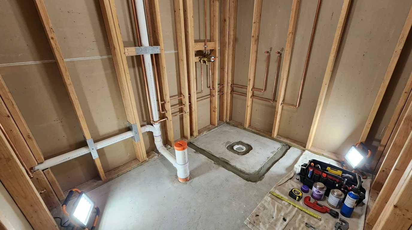 Bathroom rough-in plumbing during remodel by Johns Plumbing LLC in Johnson City