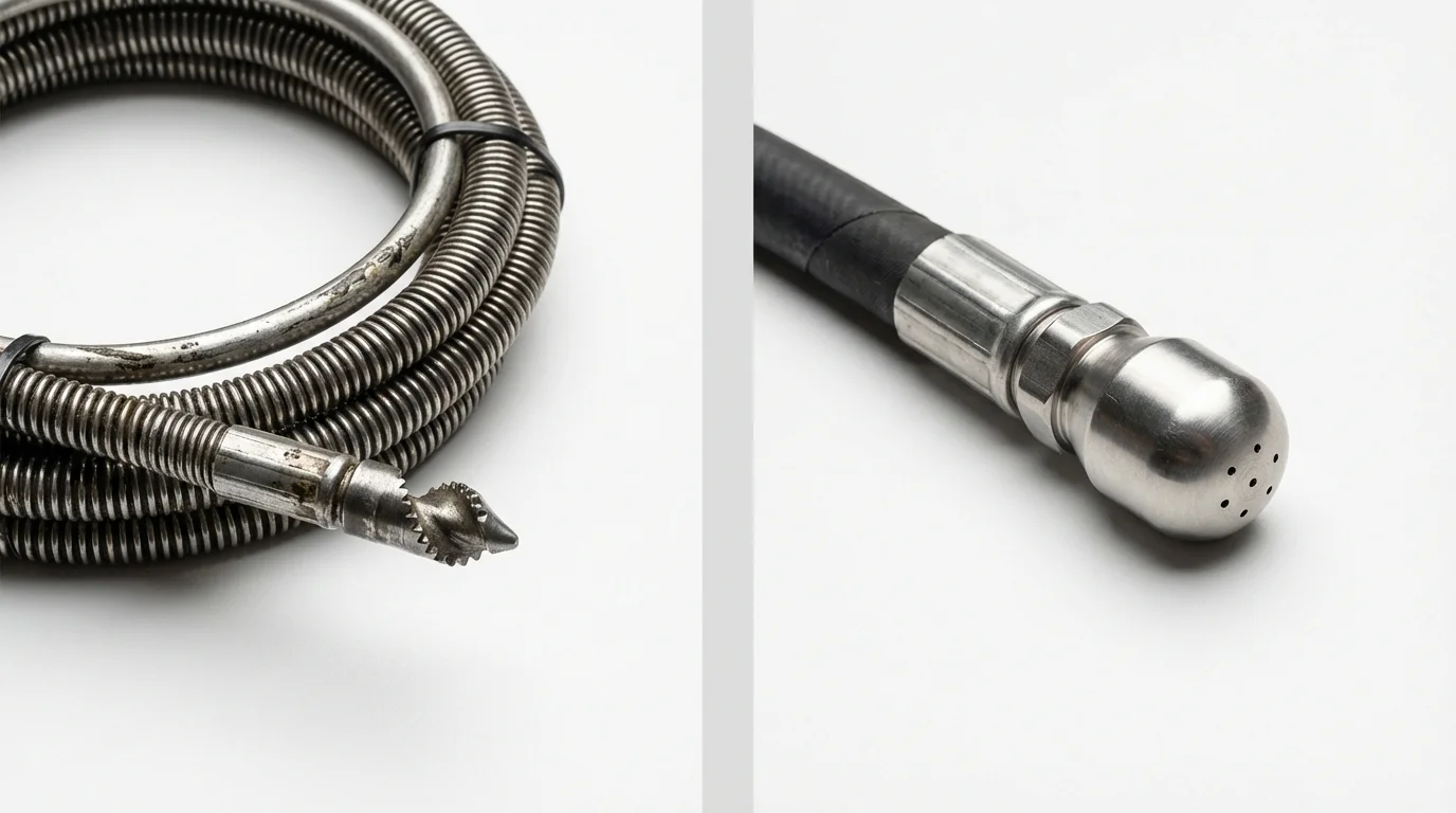 Drain snake cable and hydro jetting nozzle used for drain cleaning in Johnson City, TX