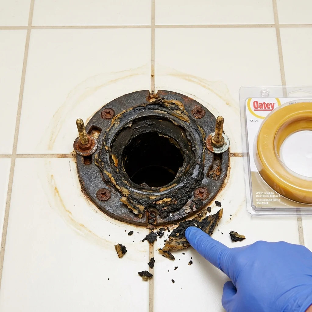 Failed wax ring showing water seepage at the base of a toilet in a Johnson City, TX home