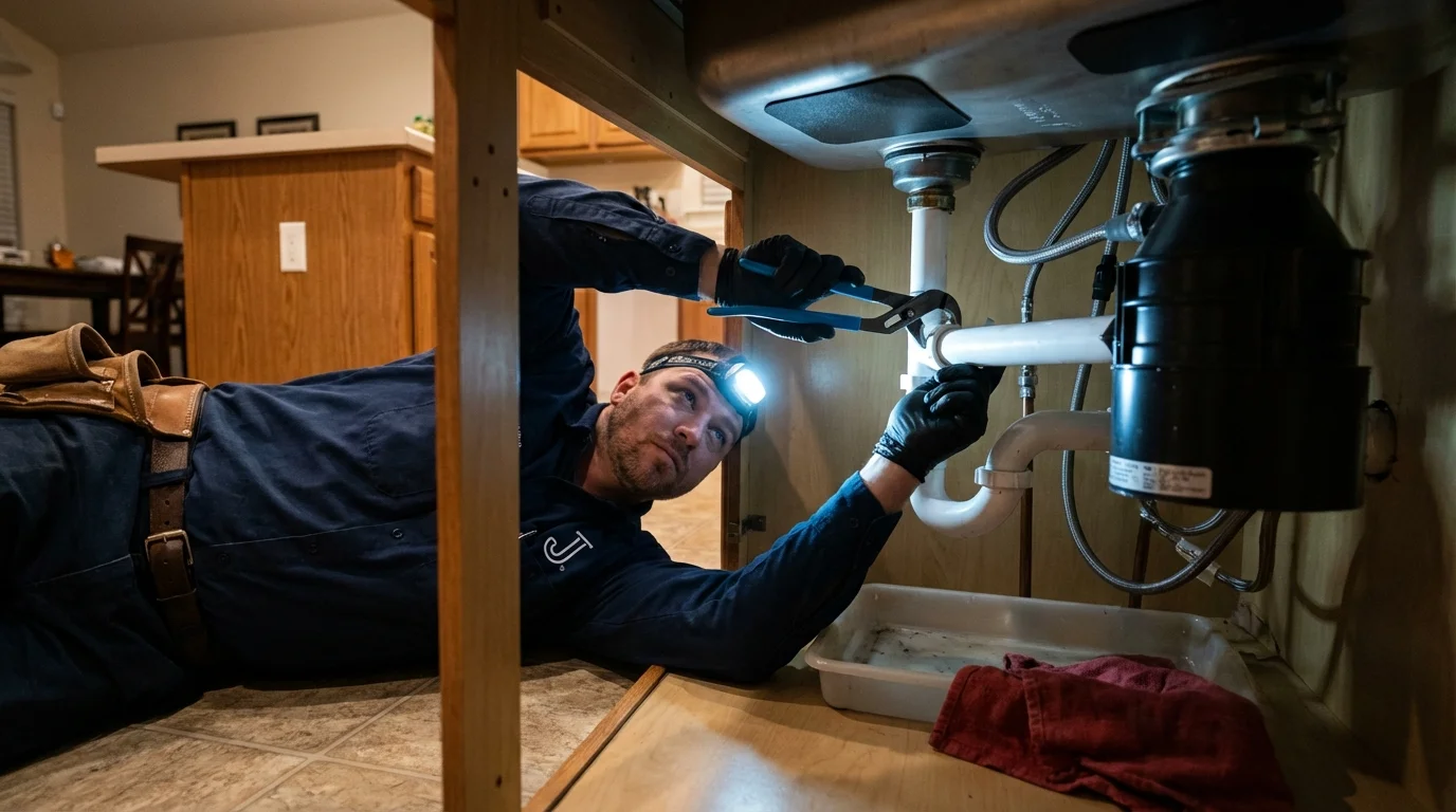 P-trap and supply line connections under a kitchen sink showing a common leak point in Johnson City, TX